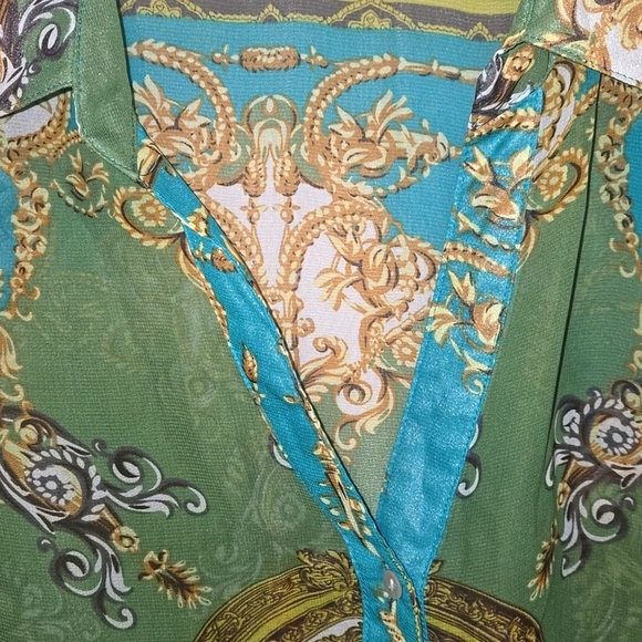 Blouse, Apt 9, Sleeveless, Sheer, Halter with collar, Blue, Green, Buttons, Lg, - Picture 4 of 10